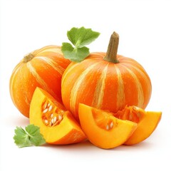 Fresh and vibrant pumpkins, with slices, creating an inviting still life composition