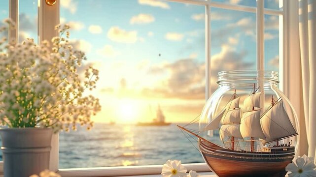 A miniature ship in a glass jar, by a window, at sunset