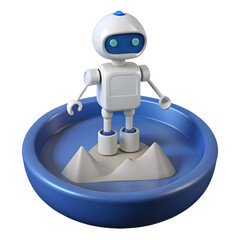 Cute robot icon standing on miniature mountains in a blue bowl