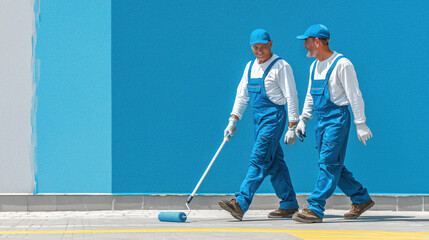 Two industrial workers in blue overalls paint wall with roller, smiling and engaged