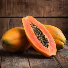 Fresh, vibrant papaya fruit halves are displayed on a wooden surface, revealing their sweet, orange flesh and a cluster of black seeds.