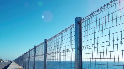 Coastal Highway Security Fence  A View of the Ocean Through a Metal Mesh Barrier on a Sunny Day