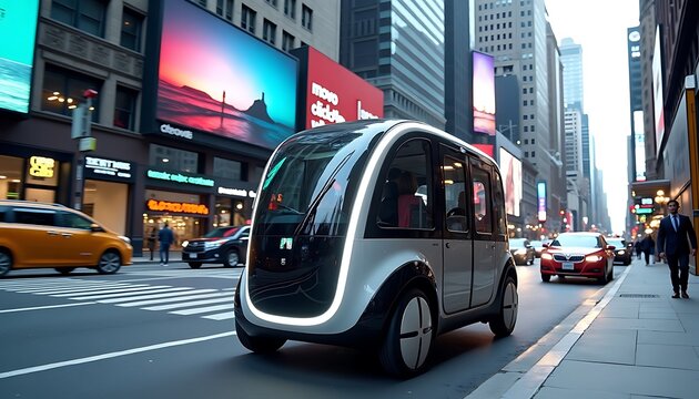 A futuristic self driving car navigates the bustling streets of New York City, showcasing its sleek design and innovative technology amidst iconic billboards and city traffic.