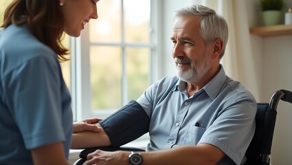 Obraz premium Senior Man in Wheelchair Measuring Blood Pressure — Health Care and Independence