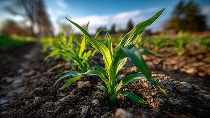 Young corn sprouts thrive under sunlight in field, showcasing vibrant green leaves and healthy growth