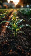 Young corn sprout in sunlit field, with dew on leaves, symbolizing growth and vitality