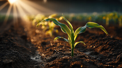 Young corn sprout emerges from rich soil, illuminated by warm sunlight in serene agricultural field