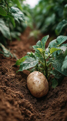 Potato on soil surrounded by green leaves in garden setting