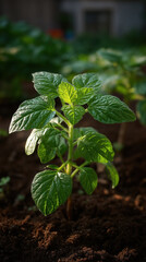 Young potato plant basking in sunlight, vibrant green leaves, rich soil, garden setting, growth and vitality