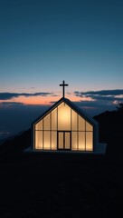 Modern Minimalist Chapel Glowing at Twilight, Serene Landscape