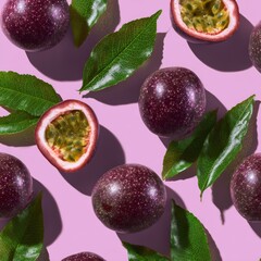 Passion fruit seamless pattern on pink background, flat lay, top view