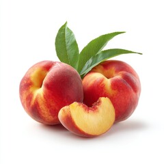 Two ripe peaches and a peach slice with green leaves. The peaches are juicy and fresh, ready to be eaten.