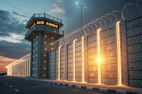 High security prison wall with watchtower and barbed wire at sunset, illuminated with bright lights and glowing security features, creating secure and fortified environment