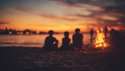 Friends gathered around a campfire on the beach during sunset