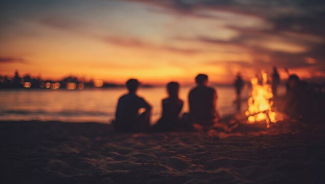 Friends gathered around a campfire on the beach during sunset