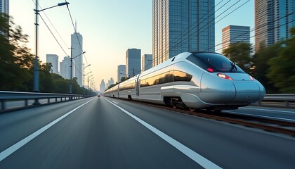 A sleek modern high-speed train travels along a city roadway at sunrise, passing skyscrapers and lush green trees, offering a captivating view of urban transportation and modern architecture.