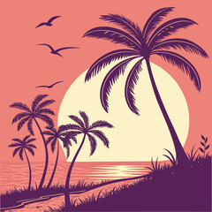 Vibrant Sunset Beach Illustration with Silhouetted Palm Trees and a Colorful Sky Evoking a Tropical Paradise Ideal for Summer Vacation and Relaxation Themes