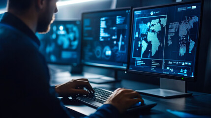 Skilled professional working on cybersecurity tasks at a high-tech office during evening hours