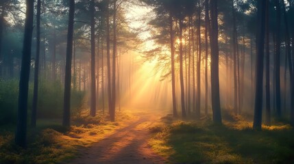 Coniferous forest in fog during sunrise