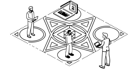 Three people with tablets around a laptop on a geometric patterned surface in black and white depicting communication and collaboration.