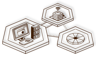 network with a computer server wi-fi and a circular device connected together white background.