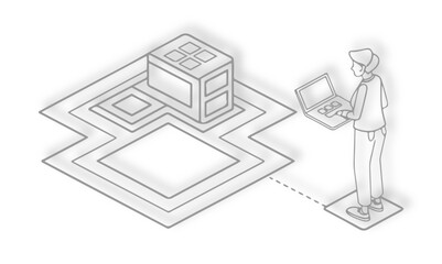  sketch of a person with a laptop connected to a server on a layered platform building plan house.