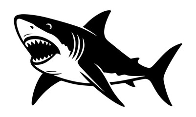  black and white shark with its mouth open and sharp teeth visible on a white background.