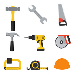 Flat design icons of various construction tools, including hammers, wrenches, saws, drills, and measuring tape.