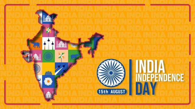 4K looping animation for India Independence Day featuring a stylized India map filled with patriotic icons, Ashoka Chakra, and bold typography on a bright orange background for festive visuals.