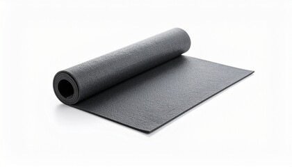 Rolled Grey Yoga Mat on White Background Fitness Exercise Wellness.
