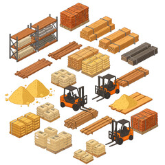 Isometric view of construction materials, including wood, bricks, and forklifts, ready for use.