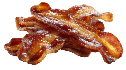 Close up of cooked bacon on black space on transparent background