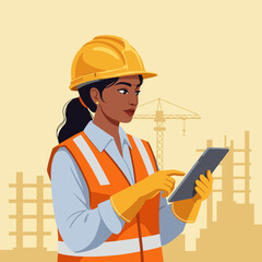 A female construction worker in safety gear uses a tablet on a construction site.