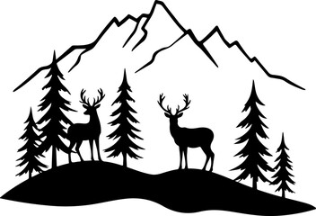 Deer in Mountain Forest Silhouette vector bundle