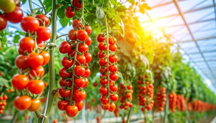 Ripe Red Cherry Tomatoes Growing in Greenhouse.