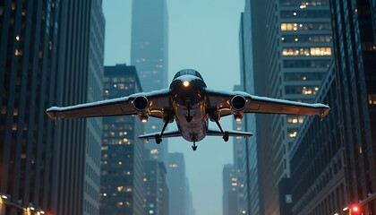 Futuristic aircraft descends low over a city street at night during a snowfall, showcasing sleek design and advanced technology against the backdrop of towering skyscrapers.