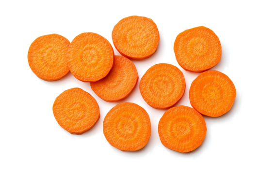carrot slices cut into round pieces on a transparent background,  