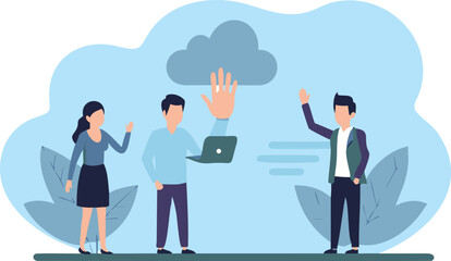 Three people waving with a cloud and a hand holding a laptop in a light blue background design