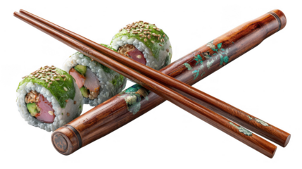 Sushi rolls with wooden chopsticks food on transparent background