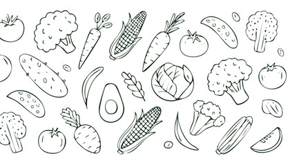 Vegetables doodle drawing collection such as carrots, corn, lettuce, broccoli, tomato, pepper, potato, etc. hand-drawn vector illustrations of doodles in black,doodle, product, vegetable, corn, 