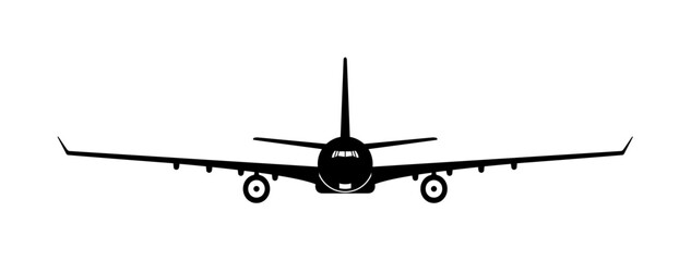 A black silhouette of a passenger airplane, facing forward, with wings. © Bushcraft