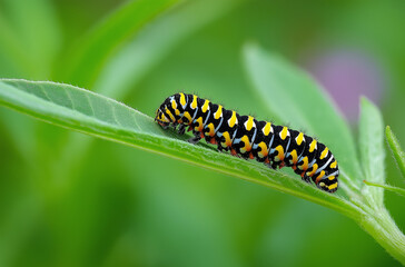 A caterpillar on an ancient wildflower, macro photography, high-definition photography, lush green background