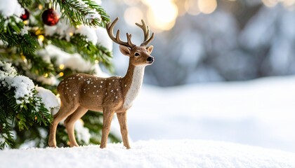 Obraz premium Festive Reindeer Figurine in Snowy Winter Wonderland Christmas Scene.