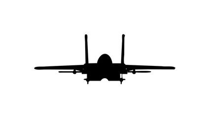 Silhouette of a jet fighter plane against a stark white background.