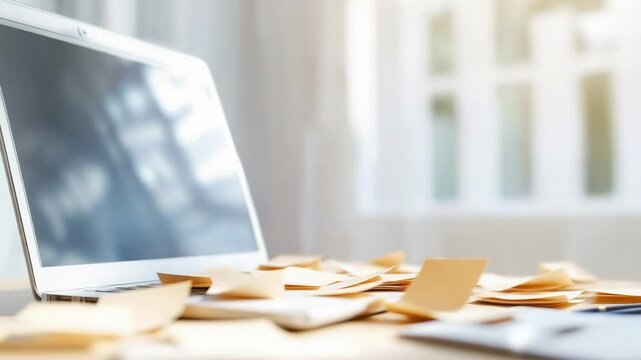 Flying sticky notes over laptop in bright home office setting