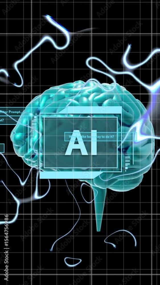 Poster animation of ai text, brain and digital data processing over black background