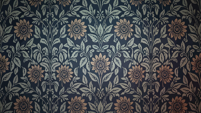Dark teal background showcases a symmetric floral pattern with sunflowers and leaves evoking a vintage, damask-like appearance.