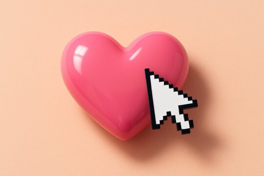 Pixelated cursor selects a glossy pink heart symbolizing digital love, perfect for dating apps, valentines projects, and modern romance themes on a light peach background. - Powered by Adobe