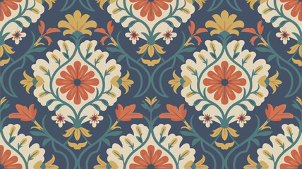 Fototapeta premium Seamless floral pattern showcases a harmonious blend of flowers, leaves, and swirls in a repeating elegant textile design.