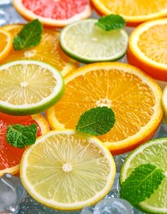 Fototapeta premium Vibrant Citrus Slices with Mint and Ice Cubes Refreshing Summer Image.